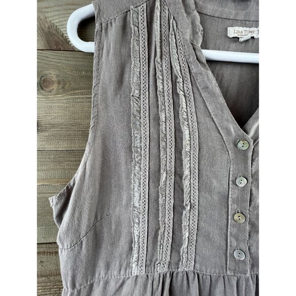 Lina Tomei Dress Sleeveless Linen Lace Detail Button Ruffle Hem Large - Picture 5 of 9